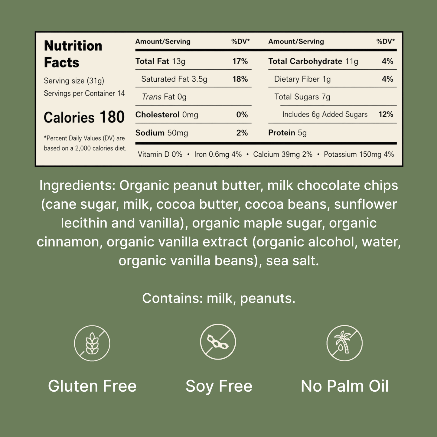 Nutrition information and ingredient list for Chocolate Chip Dream nut butter.