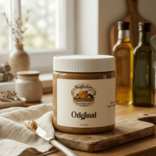 Original nut butter jar displayed on a wooden board in a cozy kitchen setting.