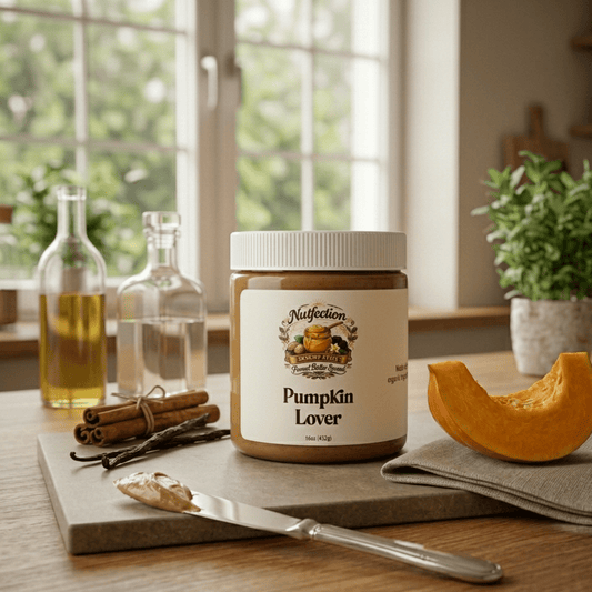 Pumpkin Lover nut butter jar displayed with pumpkin slices and warm kitchen decor.