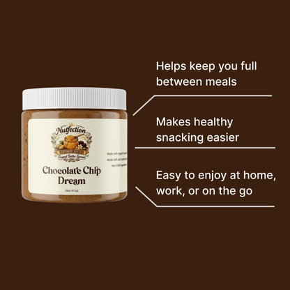 Promotional banner presenting Chocolate Chip Dream as a delicious healthy spread.