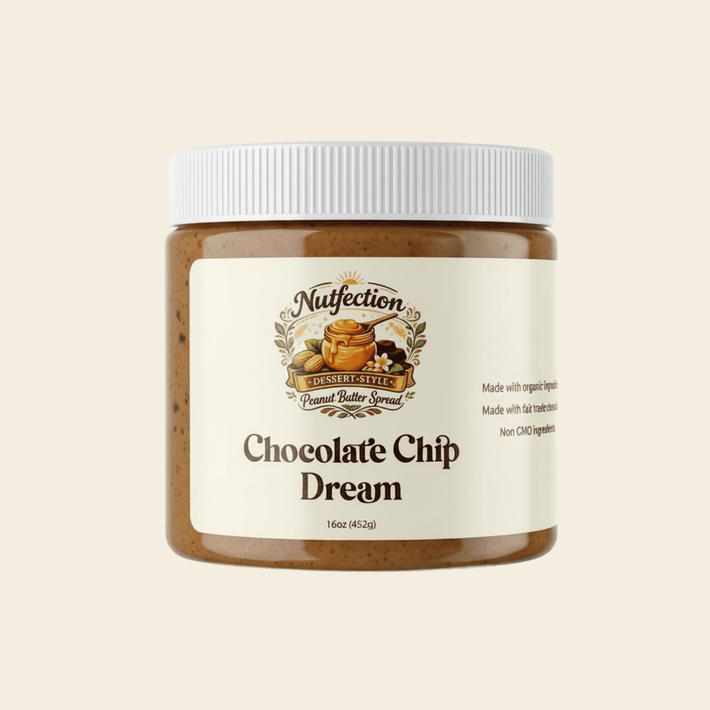 Jar of Chocolate Chip Dream nut butter with white lid and decorative label on beige background.