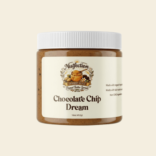 Jar of Chocolate Chip Dream nut butter with white lid and decorative label on beige background.