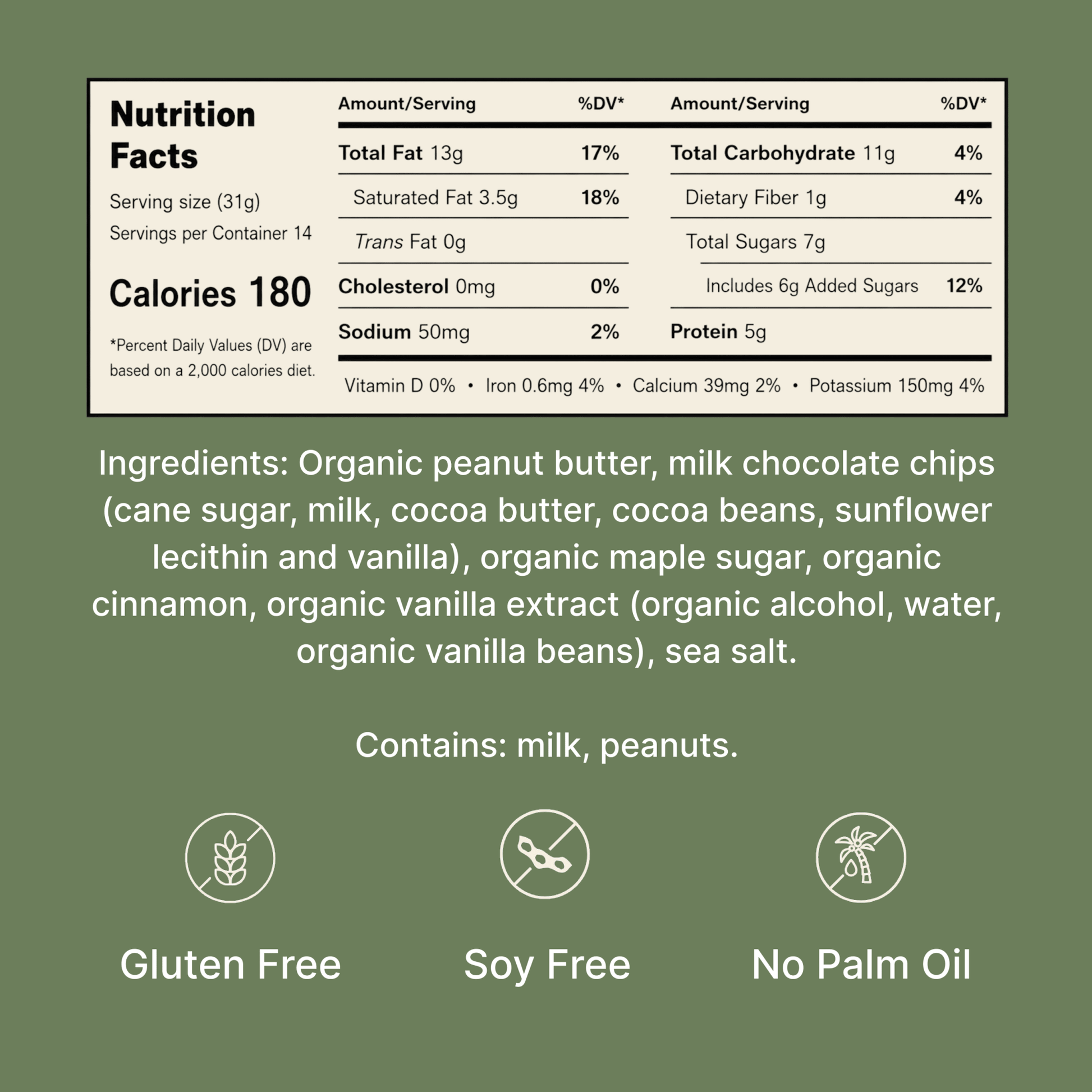 Nutrition information and ingredient list for Chocolate Chip Dream nut butter.