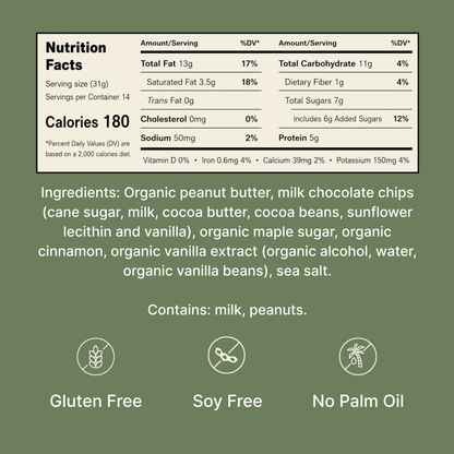 Nutrition information and ingredient list for Chocolate Chip Dream nut butter.