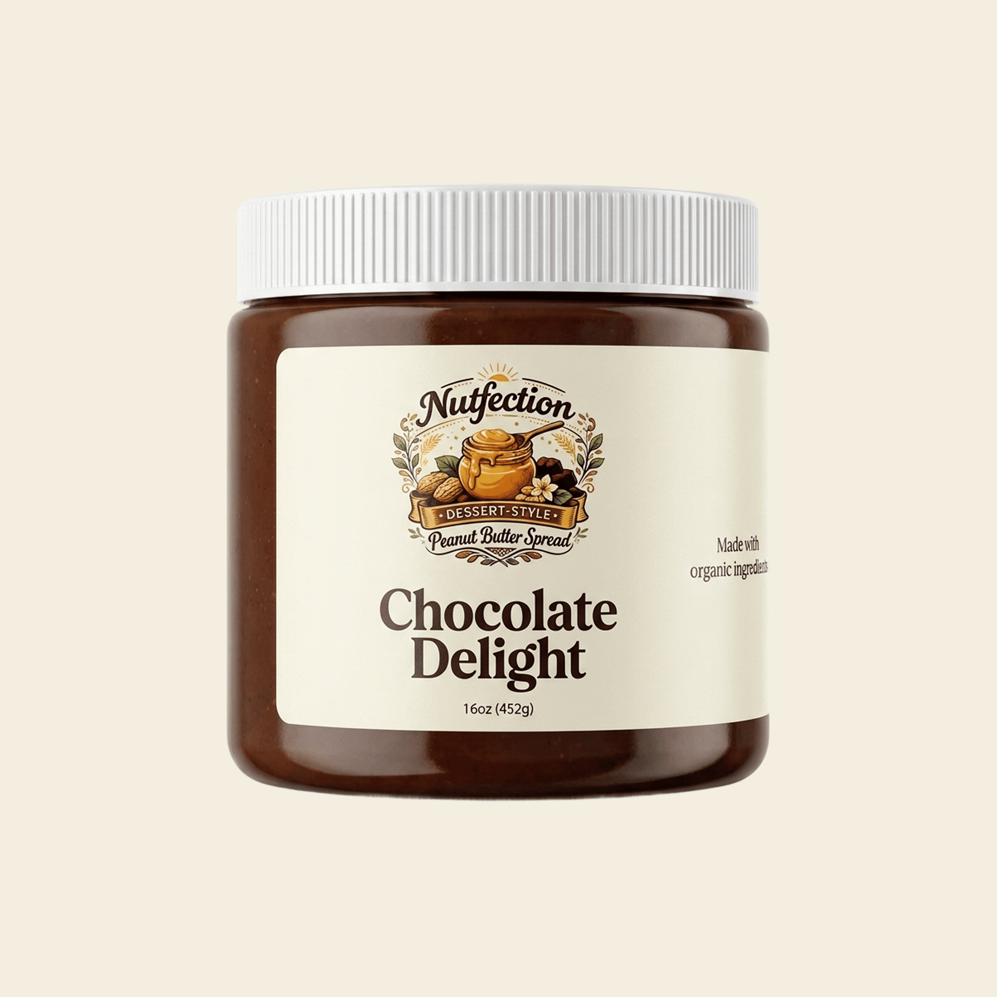 Jar of Chocolate Delight nut butter with chocolate-colored label on beige background.