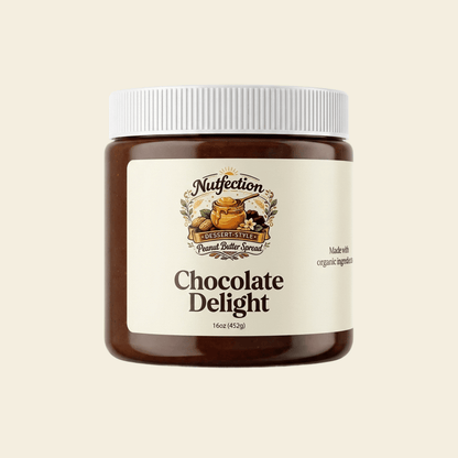 Jar of Chocolate Delight nut butter with chocolate-colored label on beige background.