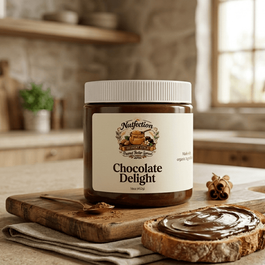 Chocolate Delight nut butter jar beside a bowl of chocolate spread in kitchen setting.