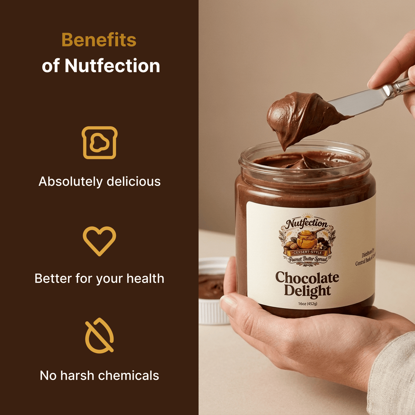 Benefits graphic showing antioxidants, energy support, and heart health for chocolate spread.