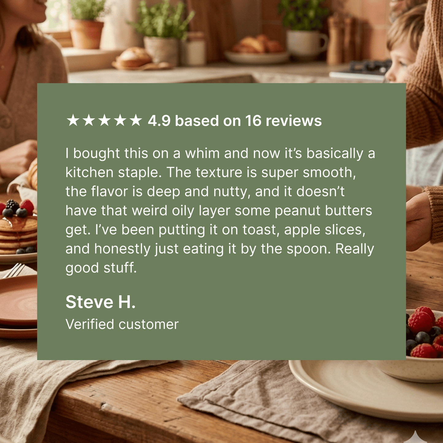 Customer satisfaction graphic showing positive review and creamy nut butter texture close-up.