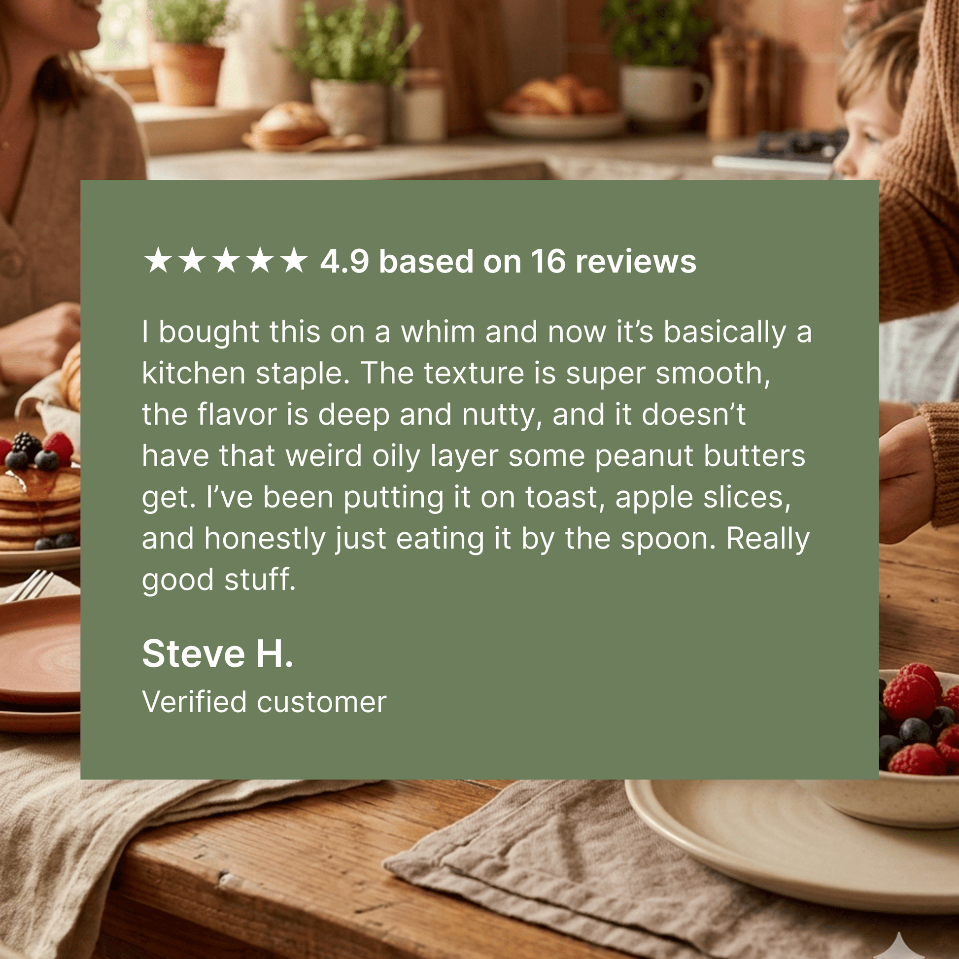 Customer satisfaction graphic showing positive review and creamy nut butter texture close-up.