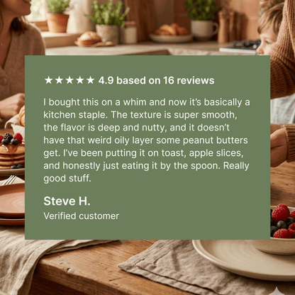 Customer satisfaction graphic showing positive review and creamy nut butter texture close-up.
