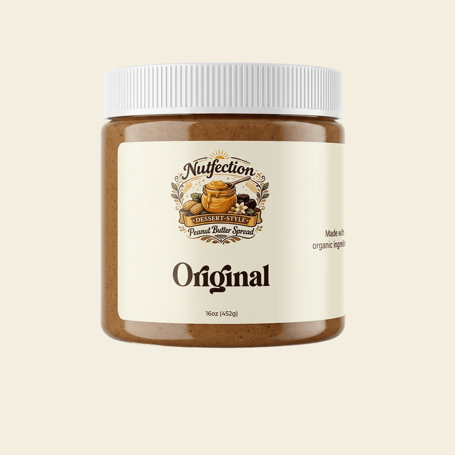 Jar of Original flavored nut butter with white lid and cream label on beige background.