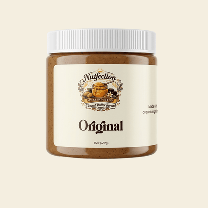 Jar of Original flavored nut butter with white lid and cream label on beige background.