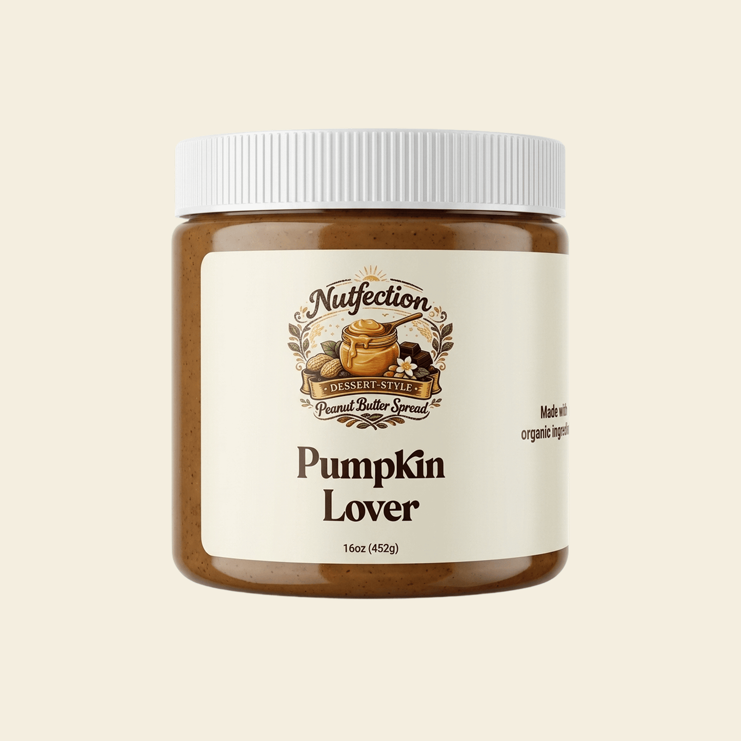 Jar of Nutfection Pumpkin Lover peanut butter spread on a beige background