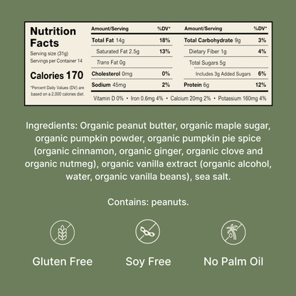 Nutrition facts and ingredient details for Pumpkin Lover flavored spread.